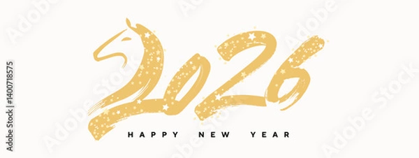 Obraz Chinese New Year of the Horse 2026 modern art calligraphy design template for greeting card, web banner, cover or poster. Chinese zodiac Horse symbol. 