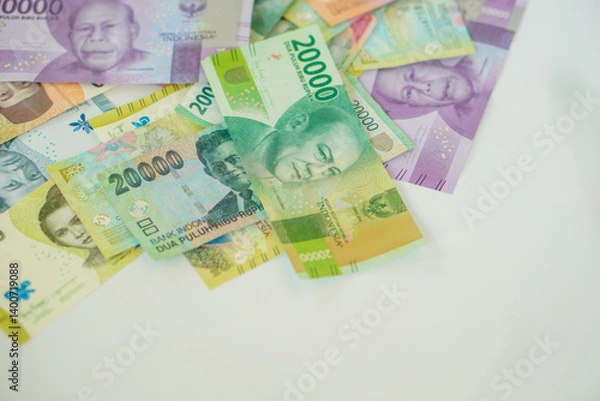 Fototapeta stack of various Indonesian banknotes with negative space, from one thousand rupiah to twenty thousand rupiah. Suitable for background, finance, banking, cash, savings.