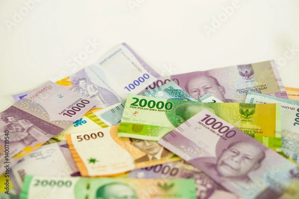 Fototapeta stack of various Indonesian banknotes with negative space, from one thousand rupiah to twenty thousand rupiah. Suitable for background, finance, banking, cash, savings.