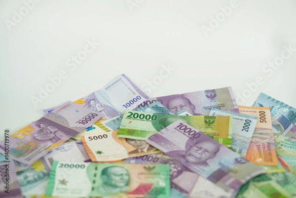 Fototapeta stack of various Indonesian banknotes with negative space, from one thousand rupiah to twenty thousand rupiah. Suitable for background, finance, banking, cash, savings.