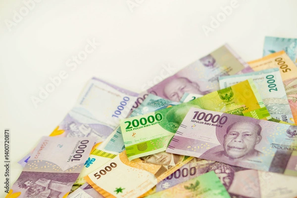 Fototapeta stack of various Indonesian banknotes with negative space, from one thousand rupiah to twenty thousand rupiah. Suitable for background, finance, banking, cash, savings.