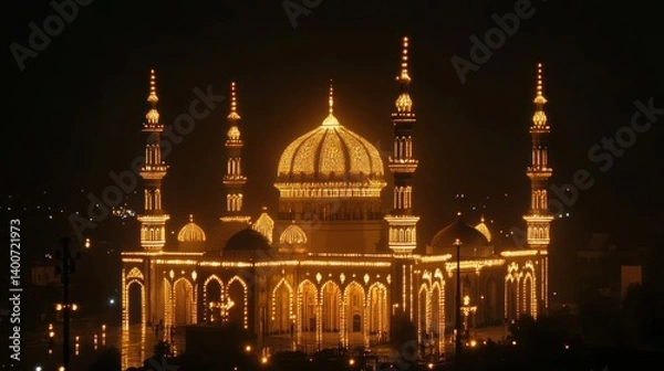 Fototapeta Illuminated Mosque Architecture Shines Brightly at Night with Sparkling Lights