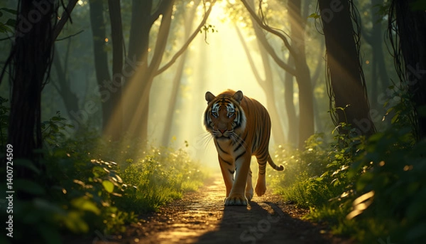 Fototapeta Illustration of a majestic tiger walking along a trail in a dense jungle, surrounded by tall trees, dangling vines and thick foliage. 