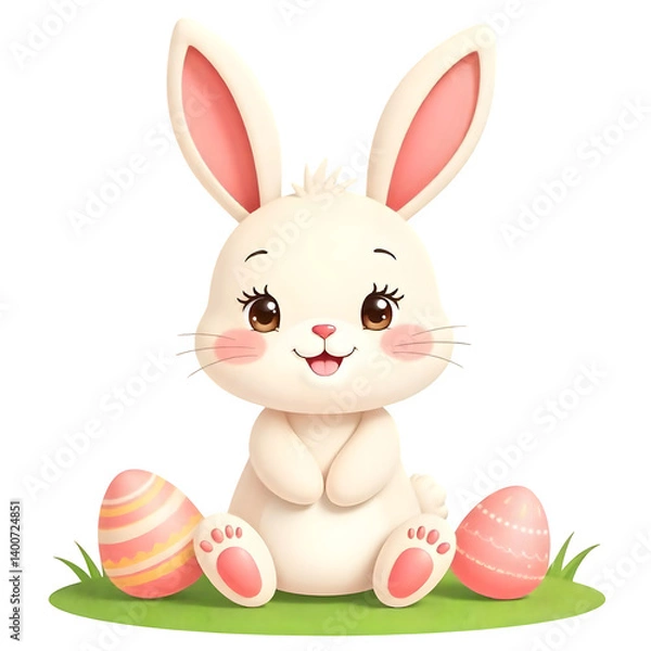 Fototapeta A cute cartoon Easter bunny with soft fur, big sparkling eyes, and a cheerful smile, sitting on grass surrounded by colorful decorated eggs. Transparent background. 