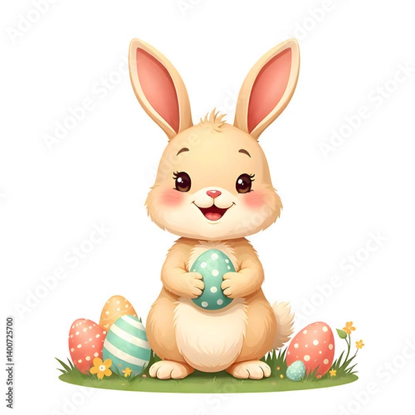 Fototapeta A cute cartoon Easter bunny with soft fur, big sparkling eyes, and a cheerful smile, sitting on grass surrounded by colorful decorated eggs. Transparent background. 