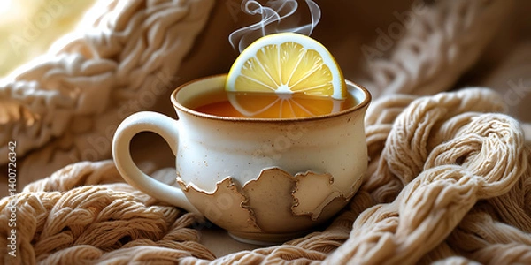 Fototapeta Steaming Cup of Tea with Lemon on Cozy Textured Beige Blanket