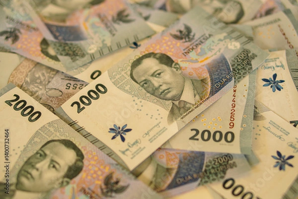 Fototapeta A stack of two thousand rupiah banknotes, Indonesian money. suitable for background, finance, banking, cash, savings.