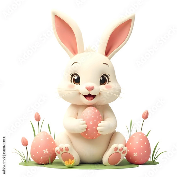 Fototapeta A cute cartoon Easter bunny with soft fur, big sparkling eyes, and a cheerful smile, sitting on grass surrounded by colorful decorated eggs. Transparent background. 