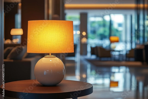 Fototapeta Table lamp casting a warm glow on a wooden table in a cozy room, creating a serene ambiance.