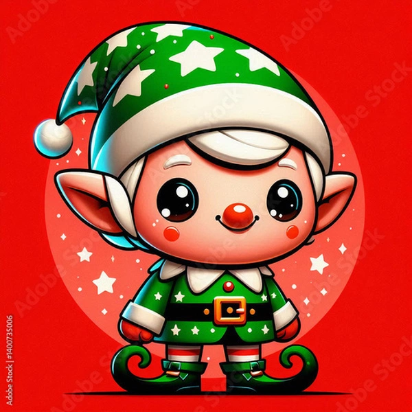 Fototapeta Cute Christmas Elf in Green Costume – Festive Holiday Cartoon Character