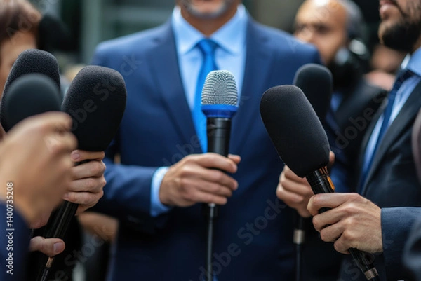 Fototapeta Man in suit holding microphones, standing in front of a press conference backdrop, facing a crowd of reporters with cameras and recording devices.