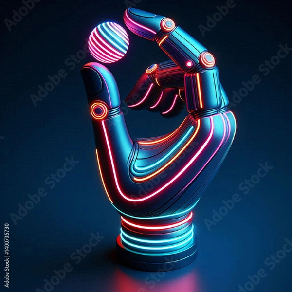 Fototapeta Neon Robotic Hand Holding Glowing Sphere – Futuristic Tech Concept Art