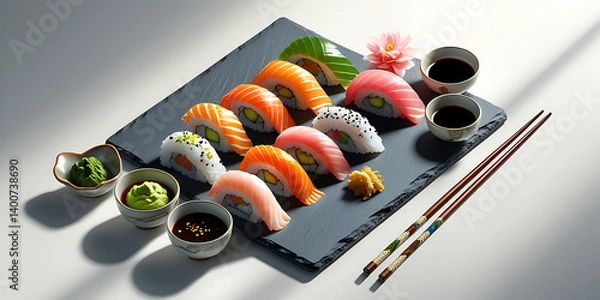 Fototapeta Colorful Sushi Rolls on Black Slate with Wasabi and Soy Sauce