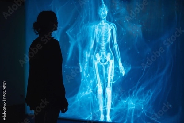Fototapeta silhouette of a person in a blue background looking at a blue light hologram of a body in a display