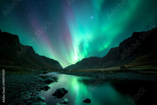 Obraz Stunning Rocky Waterfall with Green Aurora in Iceland