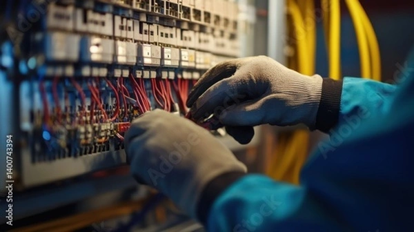 Fototapeta Electrician working on an electrical panel in a commercial building. Featuring expertise and safety