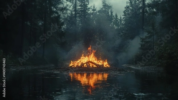 Fototapeta Burning bonfire reflecting on misty forest stream
