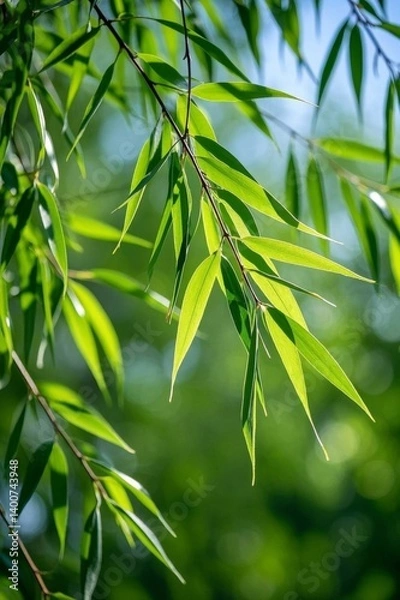 Fototapeta a close up of a branch of a tree with green leaves