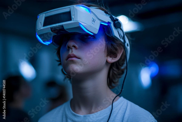 Obraz Boy Enjoying Virtual Reality Shooter Game in VR Club Setup