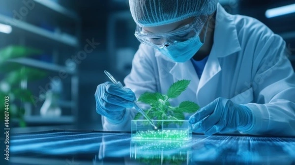 Fototapeta A scientist in a lab examines a glowing plant specimen using precise tools, highlighting advancements in biotechnology and research.