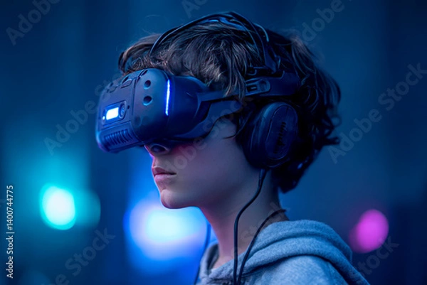 Obraz Exploring Virtual Worlds: A Boy Engaged in VR Shooter