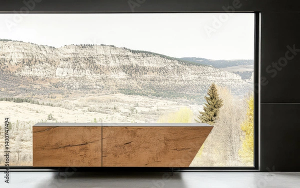 Fototapeta Beautiful view of mountains through modern interior window with sleek furniture