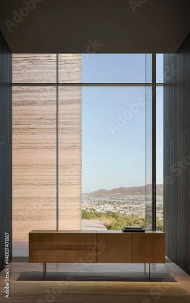 Fototapeta Modern interior design featuring large windows and scenic views of a landscape
