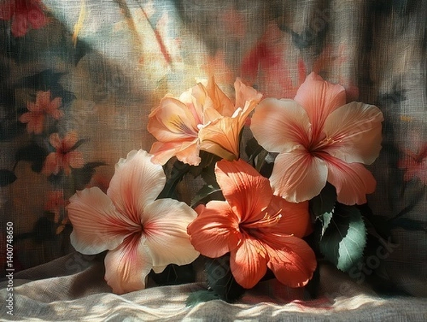 Fototapeta exotic blooms on linen surface with soft light and shadows