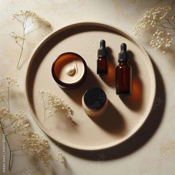 Fototapeta Minimalist Skincare Flat Lay – Amber Bottles and Cream Jars with Baby’s Breath