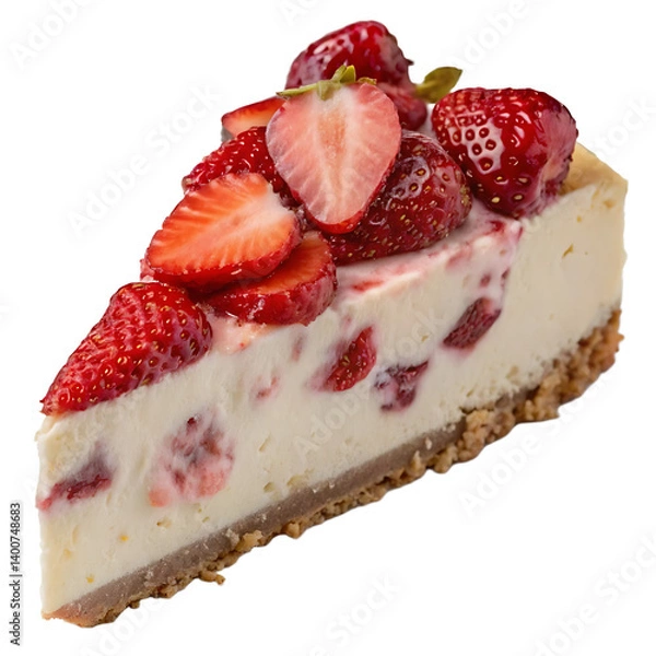 Fototapeta Delicious strawberry cheesecake slice, perfect for a summer treat.