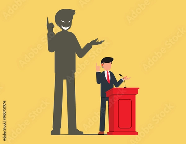 Obraz Public speaker character. Businessman gives business speech at podium as evil shadow emerges from behind