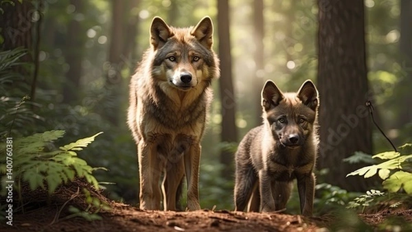 Fototapeta an image of two wolves sitting on the ground next to each other in the woods