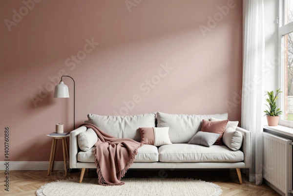 Obraz Scandi Rose Comfort, A Scandinavian living room with a dusty rose wall and a soft grey sofa. The dusty rose wall and gray sofa create a warm and sophisticated look. Dusty rose, soft gray, white.