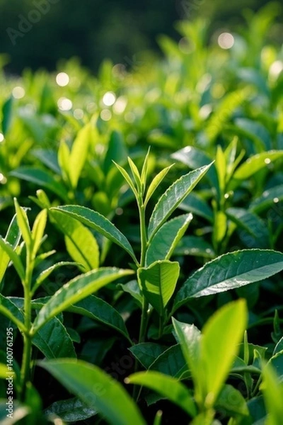 Fototapeta there is a close up of a field of green tea leaves
