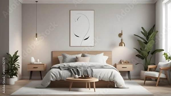 Fototapeta Side view of modern master bedroom with white and wooden walls
