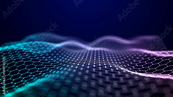 Fototapeta Wave of dots and weave lines. Abstract background. Network connection structure.