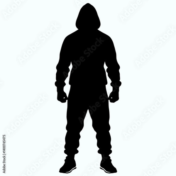 Fototapeta Vector standing man silhouette hooded sweatshirt clenched fists assertive posture
