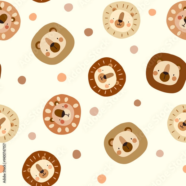 Obraz Cute hand drawn beige neutral color safari animals lion with polka tods on a pastel background, kids seamless pattern fo fabric and textile.
