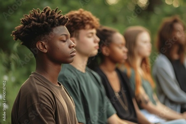 Fototapeta A group of teenagers practicing mindfulness meditation, demonstrating positive methods to manage stress and anxiety,