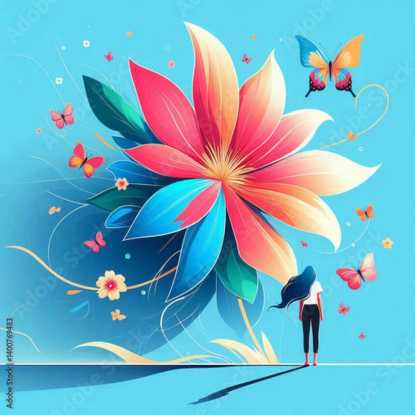 Fototapeta Whimsical Girl with Giant Colorful Flower and Butterflies in a Dreamy Sky
