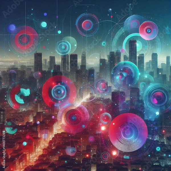 Fototapeta Futuristic Cityscape with Neon Data Overlays – Digital Art of Urban Technology and Network Visualization