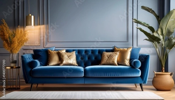 Fototapeta elegant blue sofa in luxurious living room with warm lighting and classic design pillow mockup template