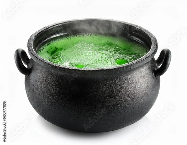 Fototapeta green potion brewing in a black cast iron witch cauldron isolated on white background