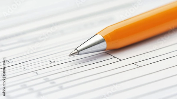 Fototapeta close up of orange pen resting on document with columns and numbers, suggesting organization
