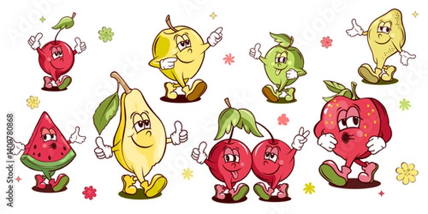 Fototapeta cartoon set of fruits  groovy character, summer fruit stickers