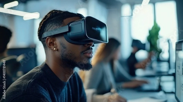 Fototapeta A group of tech-savvy entrepreneurs in a startup office, working with cutting-edge technology and digital devices.