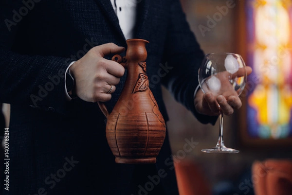 Obraz Male sommelier holding clay georgian wine pitcher and glass in elegant setting