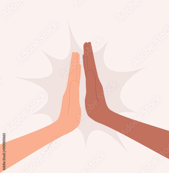 Fototapeta Two people of different nationalities and skin tones giving high five. Flat vector illustration