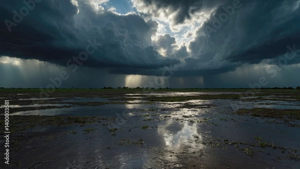 Fototapeta flooded land against storm backdrop