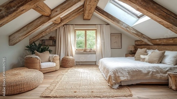Obraz Rustic Attic Bedroom with Exposed Beams and Natural Light